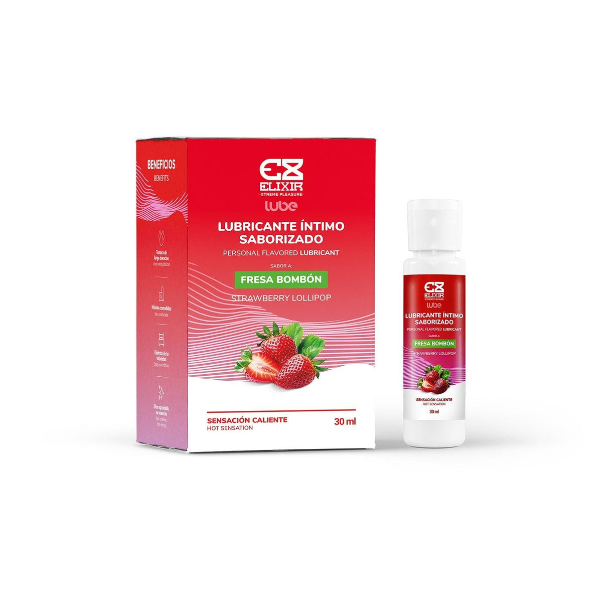 Lubricante caliente saborizado a fresa Bombón Elixir de 30 ml, con textura suave y aroma dulce para mayor confort.