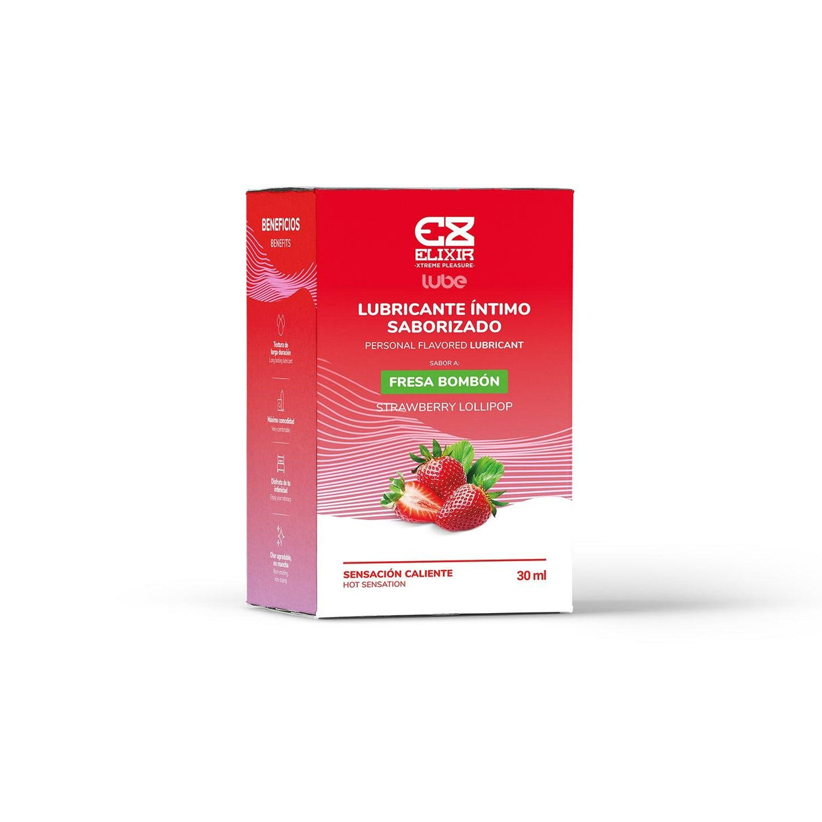 Lubricante caliente saborizado a fresa Bombón de 30 ml de la marca Elixir, con textura suave y aroma dulce.
