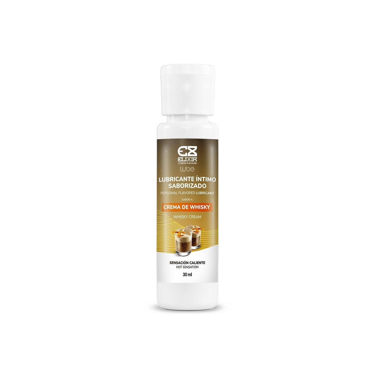Lubricante caliente saborizado con crema de whisky de 30 ml de la marca Elixir, en envase compacto y transparente.