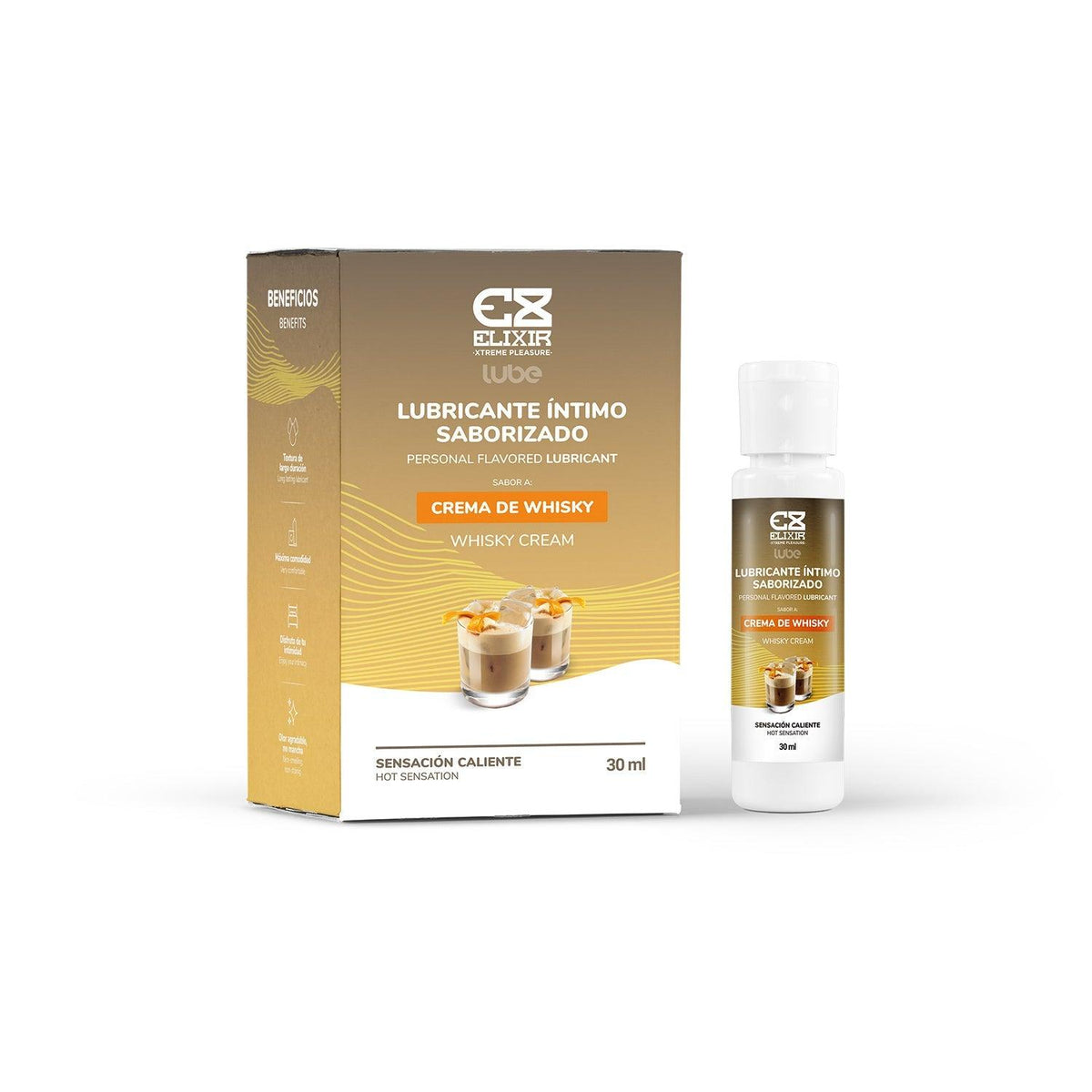 Lubricante caliente saborizado con crema de whisky de 30 ml de la marca Elixir, muestra el envase y su etiqueta.