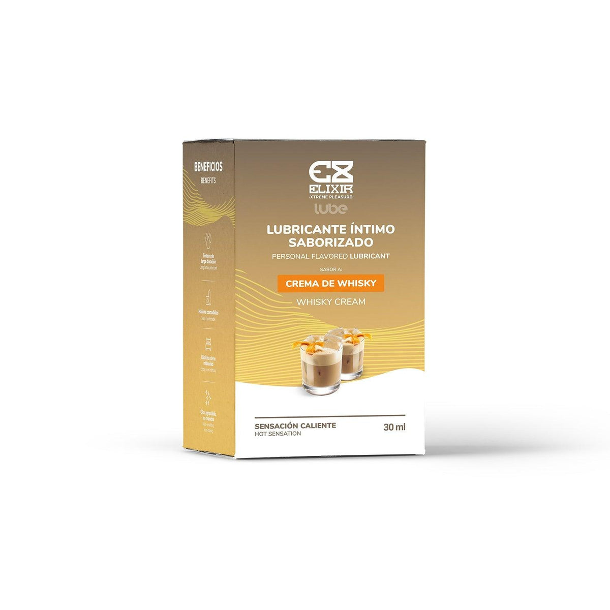 Lubricante caliente saborizado con crema de whisky de 30 ml de la marca Elixir, para uso íntimo y placer.