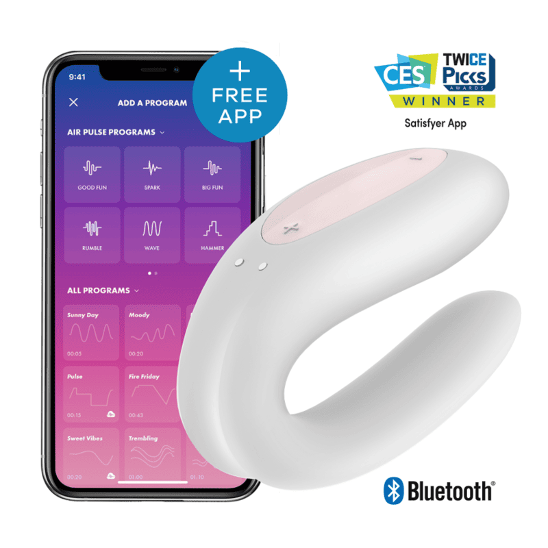 Vibrador para parejas Satisfyer Double Joy con control por app en color blanco, diseñado para placer compartido y exploración.