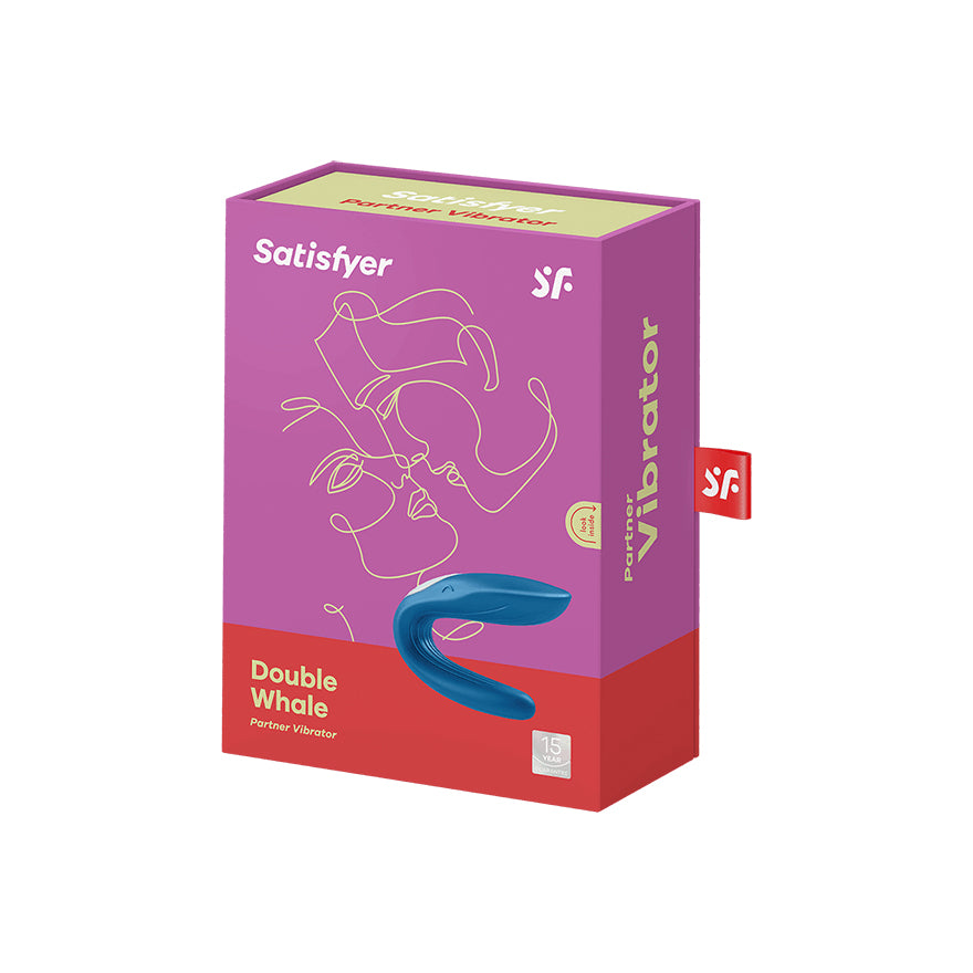 Dispositivo Satisfyer Double Whale para parejas, diseño en forma de ballena, uso de placer íntimo para parejas.