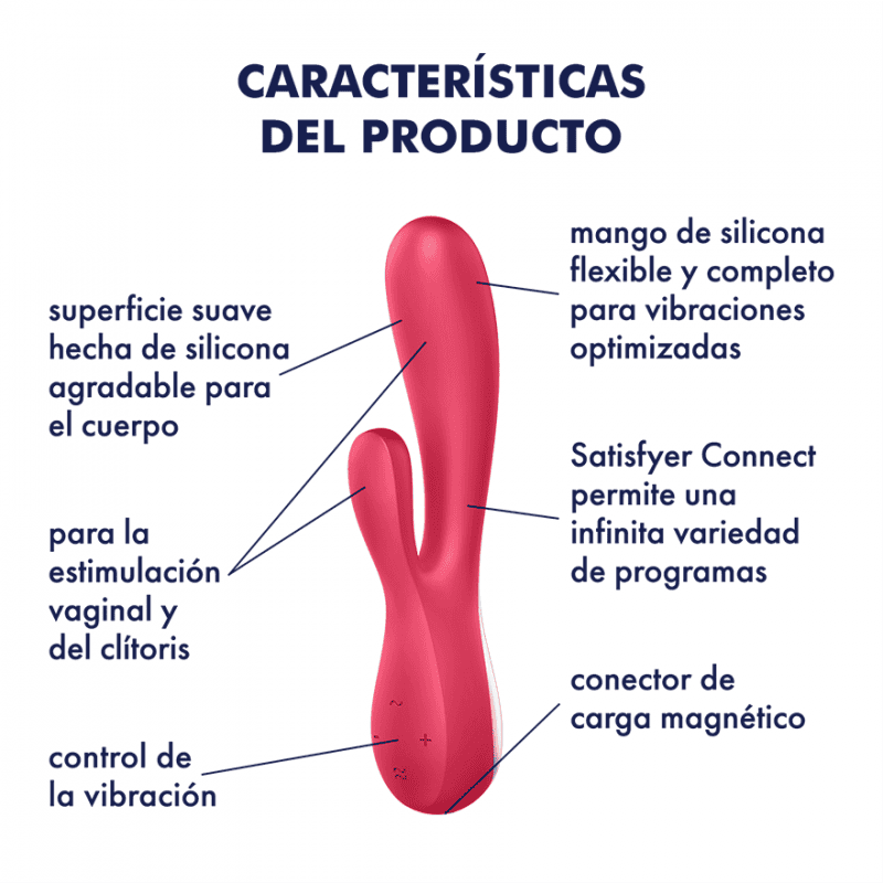 Conejo de vibración Satisfyer Mono Flex Rojo con control por app, diseñado para placer y comodidad, con textura flexible y moderna.