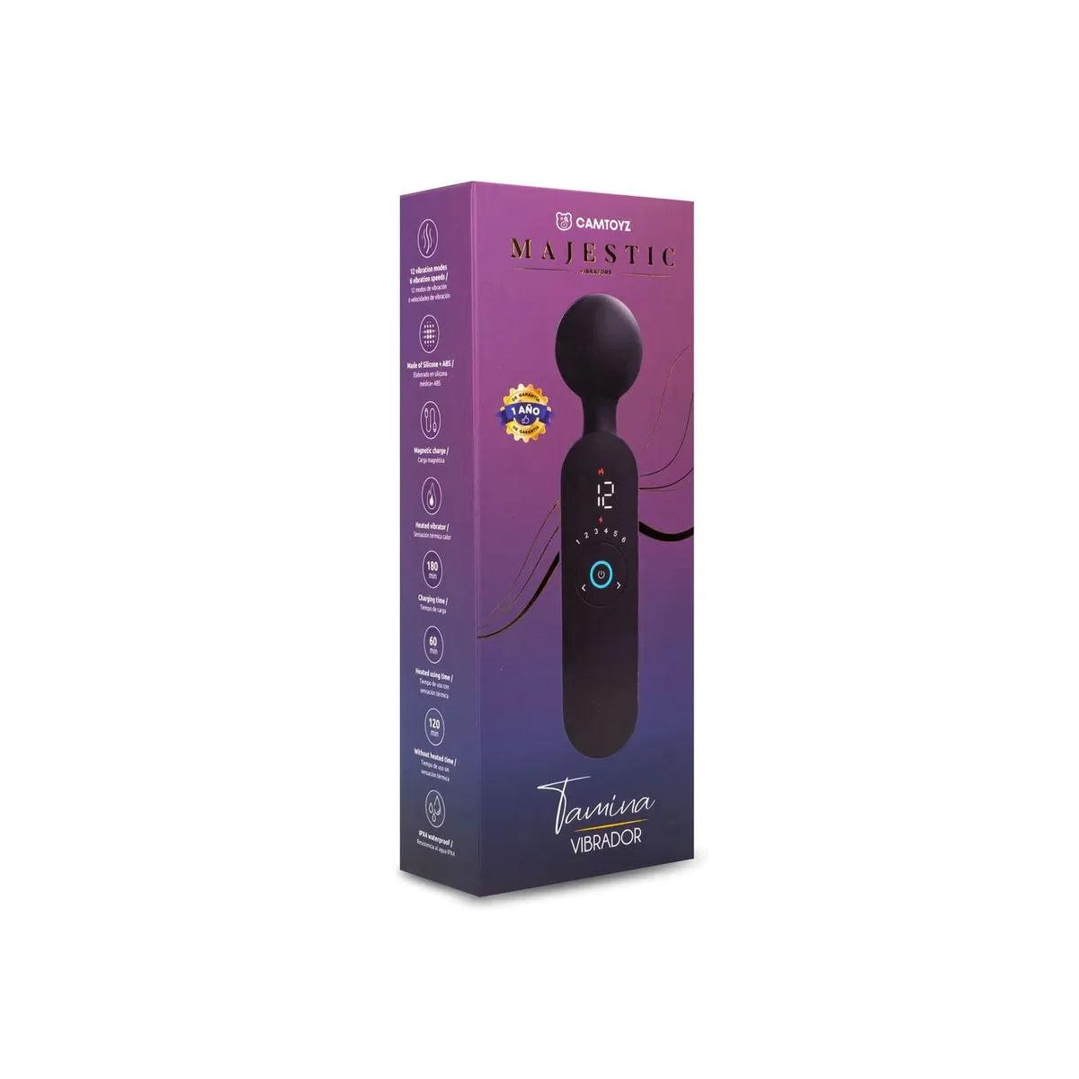 Vibrador Hitachi Tamina negro de la marca Camtoyz, muestra el dispositivo con superficie lisa y control de intensidad.