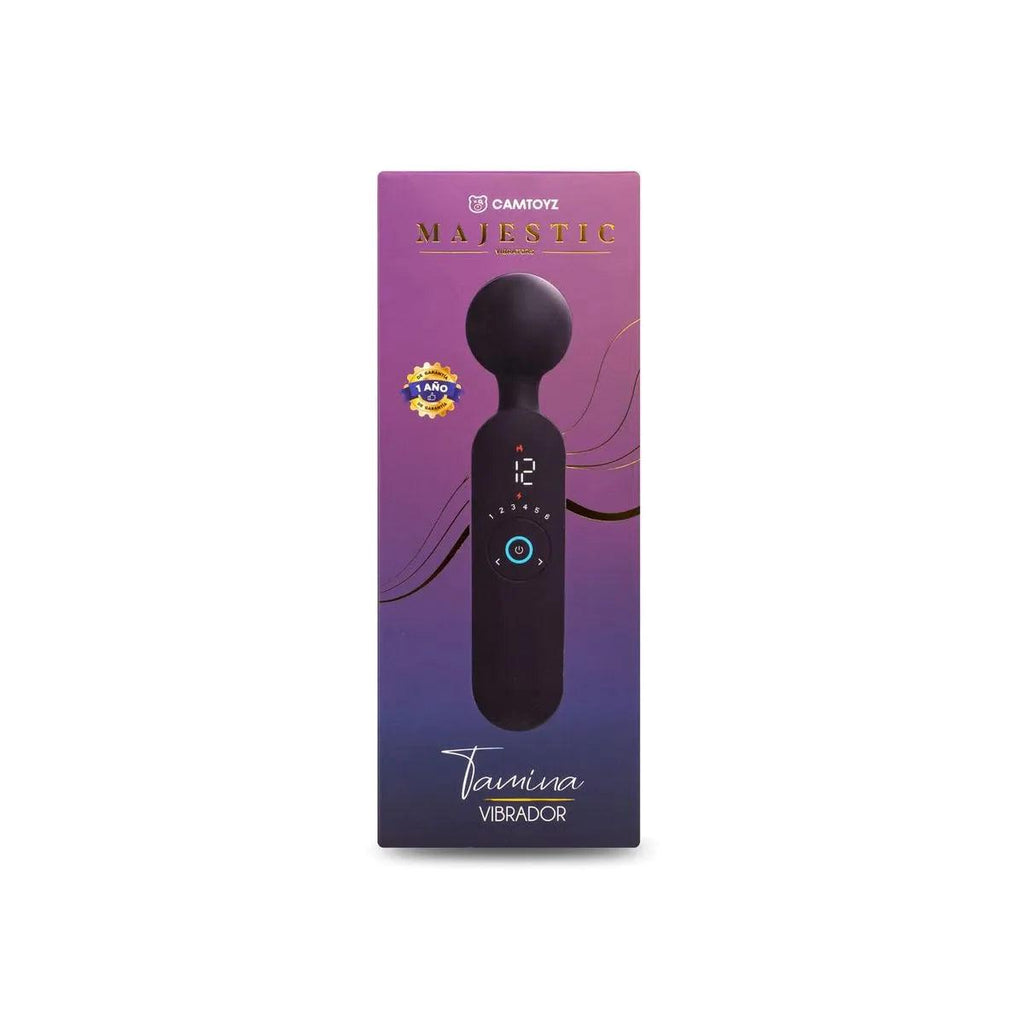 Vibrador negro Camtoyz Hitachi Tamina, dispositivo de masaje personal con forma cilíndrica y control de intensidad.