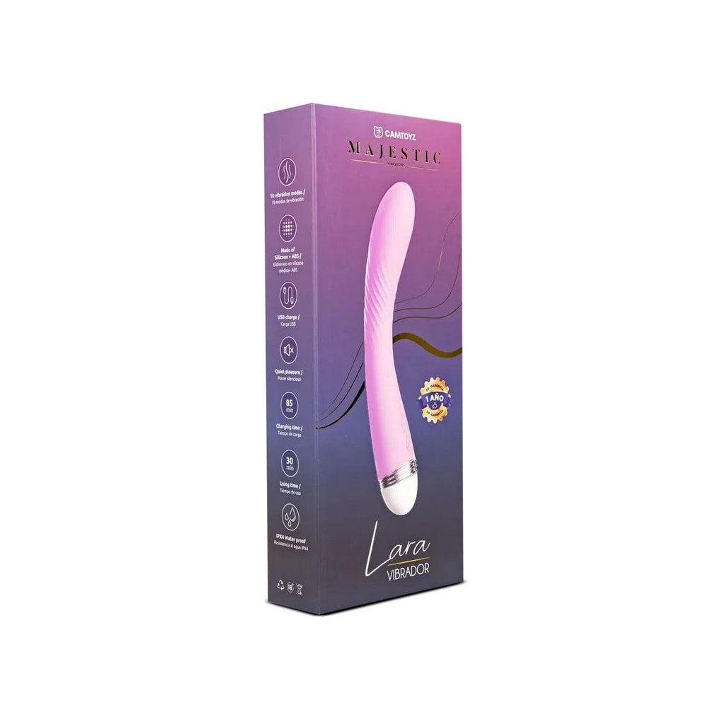 Vibrador Lara Lila de la marca Camtoyz, con diseño ergonómico y superficie suave en color lila, ideal para placer personal.