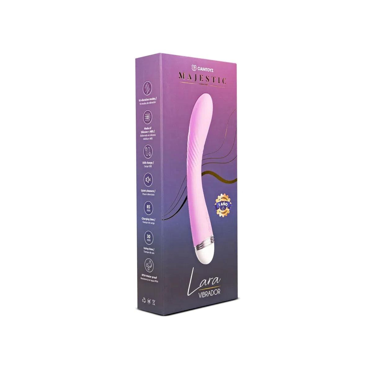 Vibrador Lara Lila de la marca Camtoyz, con diseño ergonómico y superficie suave en color lila, ideal para placer personal.
